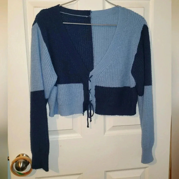 SHEIN| Two-tone Colorblock Faux Tie Front Cardigan - Picture 2 of 4